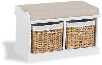 Tetbury White Bench with Cushion and 2 Storage Baskets. Hallway storage bench with cushion seat. FULLY ASSEMBLED Sturdy hallway bench