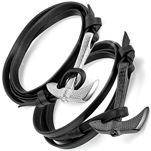 Aroncent 2pcs Stainless Steel Axe Hatchet Multi-Layer Leather Bracelet Bangle Wristband Adjustable - Black