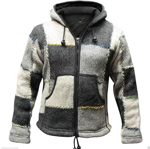 SHOPOHOLIC FASHION Herren Patchwork Fleecegefüttert Hippie mit Kapuze Festival Wolljacke, (Grau Schwarz/XXL)