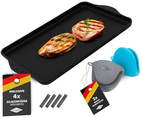 MaxxGoods - Aluminiumguss Grillplatte komplett glatt - 43x28x2,5cm - für Induktion & alle gängigen Herdplatten - Keramikoberfläche - Antihaftversiegelung - Antirutsch - Made in Germany - PFOA Frei
