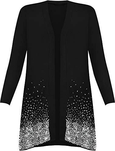 New Plus Size Ladies Sequin Cardigan Long Sleeve Womens Sparkle Top - Black - 16