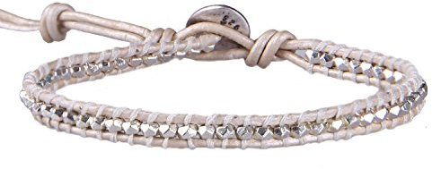 KELITCH Placcato Argento Rame Sfaccettato Pepita Perline Bianca Pelle Magro Bracciale