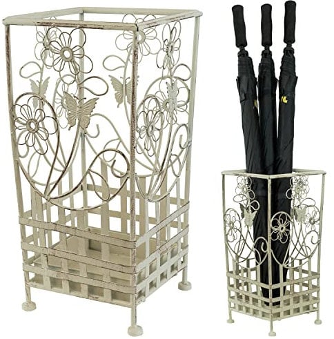 Maribelle White Traditional Floral Designed Metal Umbrella And Walking Stick Stand