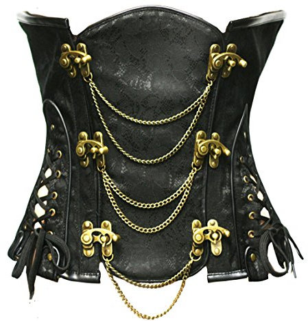 Bslingerie® Corsé Steampunk de acero con varillas debajo del busto para mujer, Negro clásico., M