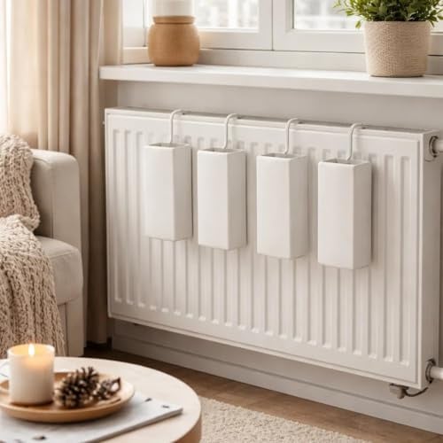 4er Set Luftbefeuchter Heizung Keramik Weiß – Heizkörper Verdunster 300ml – Raumluftbefeuchter ohne Strom – Luftbefeuchter Schlafzimmer, Büro, Kinderzimmer – Verdampfer Heizung