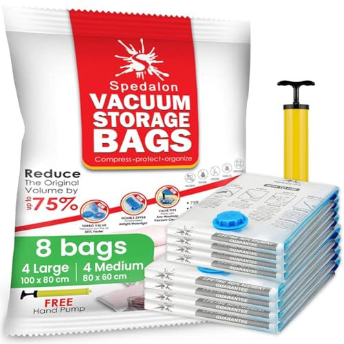 Vacuum Storage Bags - Pack of 8 (4 Large + 4 Medium) Reusable Space Savers with Free Hand Pump for Travel Packing - Best Seal Bags for Clothes, Comforters, Pillows, Curtains, Blankets