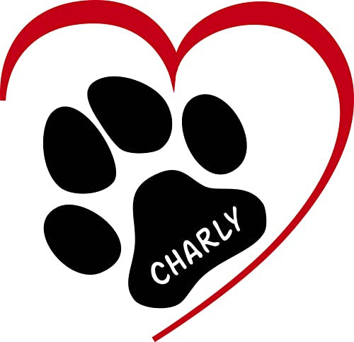 Folienaufkleber/Sticker/Wandtattoo - Hunde Pfote mit Herz und Ihrem Wunschtext, Größen u. Farbauswahl
