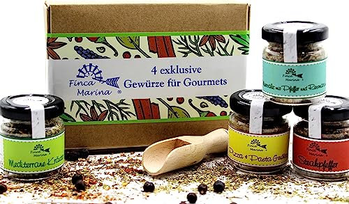 Exklusives Gewürzset für Gourmets mit 4 Gewürz-Spezialitäten und Gewürzschaufel in der Geschenkbox aus der Finca Marina Gewürzmanufaktur