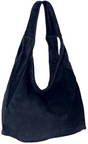 Caspar Große Damen Veloursleder Schultertasche Samtweiche Beuteltasche aus Leder - PREMIUM LINE - Modell No.618 - Made in Italy, Farbe:dunkelblau