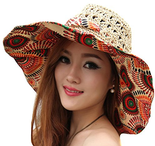 TININNA Damen Frauen Böhmen Faltbar Blumen Sonnenhut Strohhut Sandstrand Sonnenhüte Sommerhut Sommer Hut Sonnenhuete Strand Kappe Strandhut Khaki EINWEG Verpackung