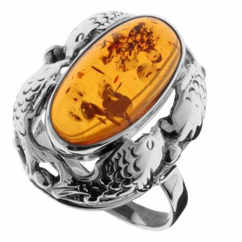 Ostsee-Schmuck Damen-Ring 925/000 Sterlingsilber Größe 58 (18.5) mit Bernstein, Fischlandmotiv 001 270003 A258