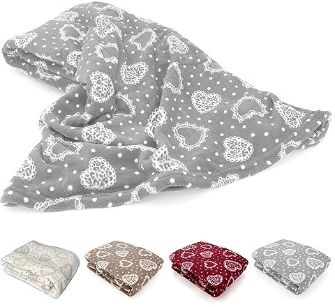heimtexland Kuscheldecke XL 150x200 cm Country Chic mit Herzen in grau super weich fusselfrei Landhaus Wohndecke Ökotex Typ283