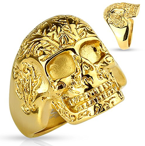 Tapsi´s Coolbodyart® Siegel Statement Ring Edelstahl Toten Kopf Blumenmuster Gold 72(23)