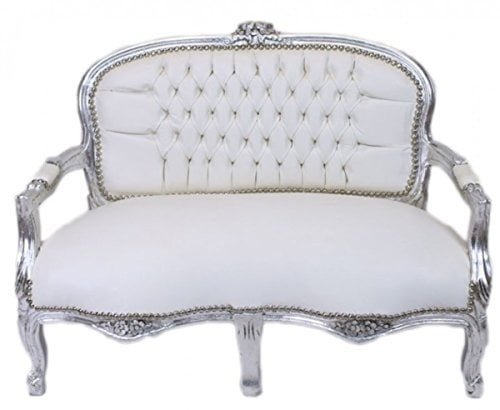 Casa Padrino Barock Kinder Sitzbank Weiß Lederoptik/Silber Antik Stil Kinder Sofa