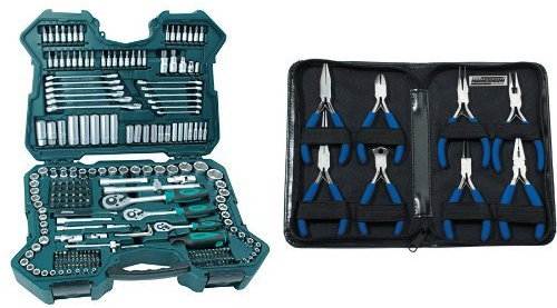 Mannesmann M98430 - Maletín con llaves de vaso y otras herramientas (215 piezas, tamaño: 12x36x51 cm) + M10808 - Juego de tenazas electrónicas 8 piezas,