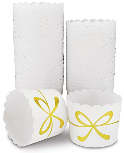 Frau WunderVoll® 25 Muffin Backformen, weiß mit Gold Schleife, Durchmesser 6,1 cm/Muffinbackform, Muffinform, Backformen, Backförmchen, Cupcake Formen, Muffin Förmchen Papier