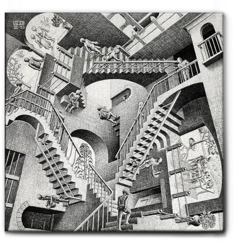 Giallobus - Gemälde - Maurits Cornelis Escher - Relativität - Leinwand mit Standardrahmen - 50L x 50l cm - Bereit zum Aufhängen - Moderne Gemälde