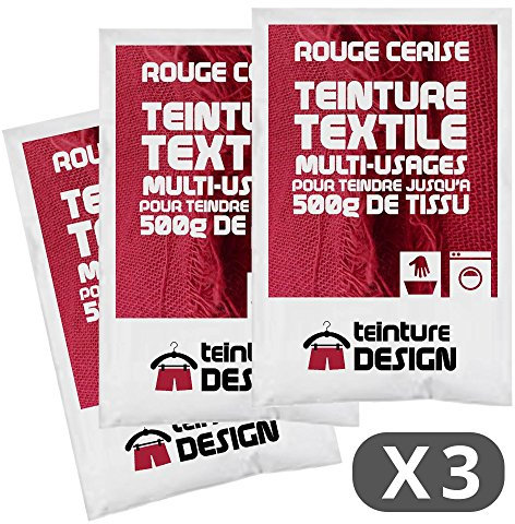 Teinture Design - Juego de 3 bolsas de tinte textil, color rojo cereza, tinte universal para ropa y telas naturales