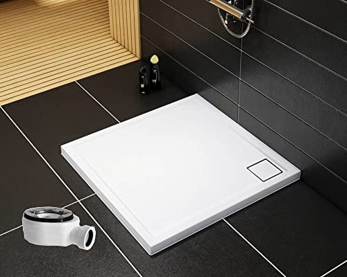 Sellon24® Duschwanne Duschtasse mit Ablauf Walk in eckig Acrylwanne Flach Stabil Duschplatte Duschboard 90 x 90 Bau-Höhe 5 cm