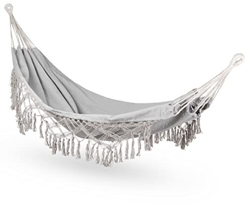 Outtec Hängematte 200x150cm, bis 200 kg, für 1-2 Personen, aus Baumwolle, für Garten, Balkon & Terrasse, atmungsaktiv, Grau