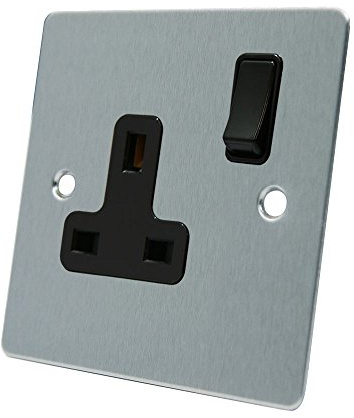AET FSC1GSOCBL 13 A 1-Gang Satin Chrome Flat Single Plug Socket with Black Insert Plastic Rocker Switch