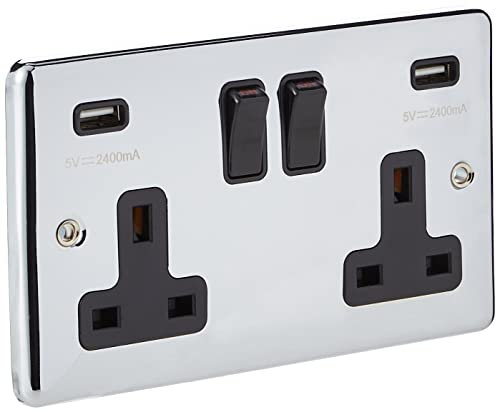 AET CPC2GUSBBL Polished Chrome Classical 2 Gang w Charging Ports Black Insert Plastic Rocker Switches-13 Amp Double Plug Socket & Dual USB Power Outlet
