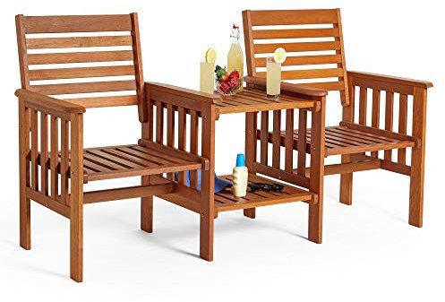 VonHaus Love Seat for Garden - 2 Seater Jack & Jill Love Seat Patio Set - 2 Person Hardwood Garden Loveseat - Companion Set, 2 Tier Table w/Shelf & Built-in Parasol Hole for Terrace Balcony & Outdoor