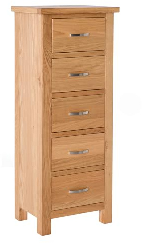RoselandFurniture London Oak 5 Drawer Tallboy Chest for Bedroom | Fully Assembled, Wooden Storage Unit, Lacquered Finish, Contemporary Style, H115cm W45cm D32cm
