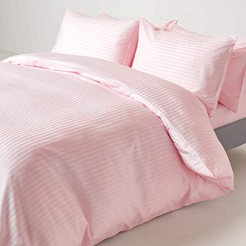 Homescapes 3-teiliges Damast-Bettwäsche-Set rosa aus 100% ägyptischer Baumwolle mit Satin-Streifen, 1 Bettbezug 230x220 cm & 2 Kissenbezüge 48x74 cm