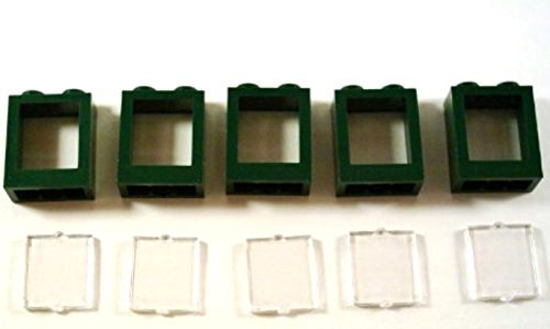 LEGO 5 gommini per finestre 1 x 2 x 2 con vetri in verde scuro.