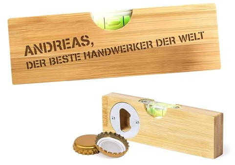 Casa Vivente Flaschenöffner im Wasserwaagen-Look mit Gravur, Der beste Handwerker der Welt, Personalisiert mit Wunschname, Geschenke für Männer