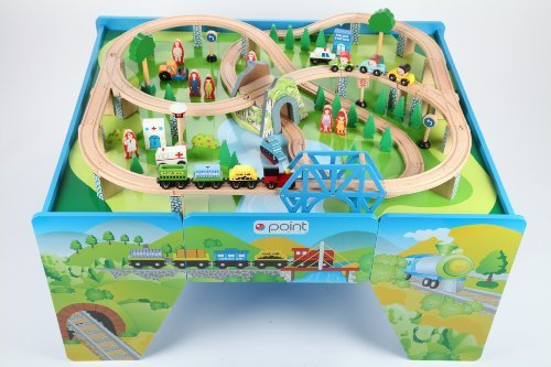 point-kids Holzeisenbahn Spielzeugeisenbahn Lok Waggon Brücke Figuren Schienen Set 100 Teile