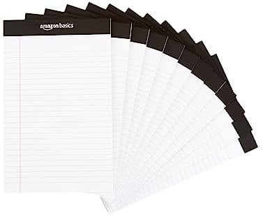Amazon Basics Legal/breit liniert 50 A5 Blatt pro Pad, 21.6 cm x 30 cm (Packung mit 12 Stück), weiß