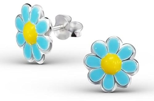 Sterling Silber, Blau und Gelb Emaille Daisy Gänseblümchen Ohrstecker