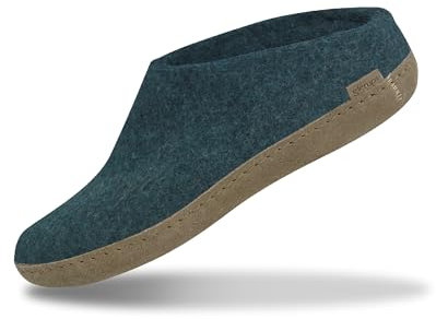 GLERUPS Slip On Hausschuhe Damen und Herren (Größe 11) | Blauer Unisex-Slipper aus Wolle mit Ledersohle