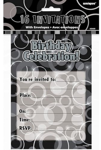 Unique Party 28489 - Glitz Black Birthday Party Invitations, Pack of 16