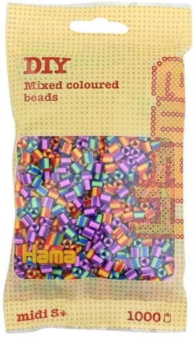Hama Perlen 207-92 Bügelperlen Beutel mit ca. 1.000 Midi Bastelperlen mit Durchmesser 5 mm im Mix gestreift, kreativer Bastelspaß für Groß und Klein
