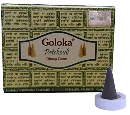 Räucherkegel Goloka Patchouli Dhoop Cones 1 Schachtel 10 Kegel mit Halter Aroma Duft