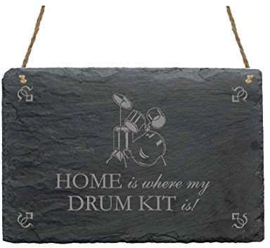 Schiefertafel « HOME IS WHERE MY DRUM KIT IS » Schild mit Schlagzeug Motiv - Dekoschild Dekoration Geschenk - Drummer Band Musik