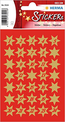 HERMA 3924 Aufkleber Sterne Gold Zahlen 1-24 klein, 102 Stück, 14 mm, Stern Sticker aus Papier, Weihnachtssticker Sternaufkleber für Weihnachten Geschenke Adventskalender Dekoration Kinder Belohnung