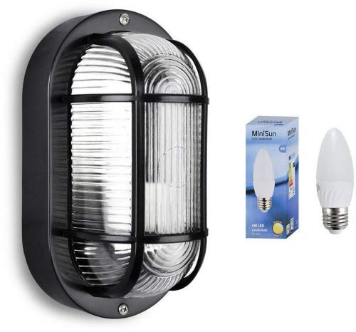 MiniSun | Modern Black Security Bulkhead Wall Light | Security Lighting, Home Décor & Improvement Essential | Includes 4W LED Bulb | Mains Wired