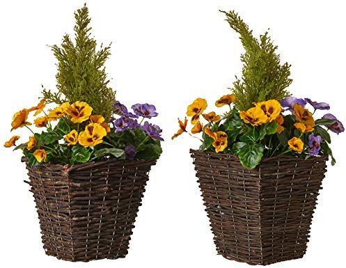 2 x Artificial Rattan Patio Planters with Purple and Yellow Faux Silk Pansies and Conifer/Cedar Topiary ideal for Home, Patio, Garden Outdoor Living 60cm/23.5in