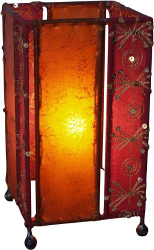 GURU SHOP Leder, Saree Tischlampe/Tischleuchte - Modell Mandalay, 24x13x13 cm, Orientalische Tischlampen