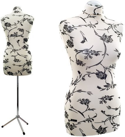 LUCCESI Schneiderpuppe | zum Probierpreis! | Größen S - XL (Female ♀) | Torso Size: M (Medium/36-38) | Bezug Creme-Weiss/florales Muster (schwarz) | Metall-Dreibein (Chrom) | Schaufensterpuppe
