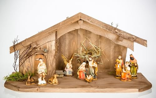 Holz und Gartentrends Weihnachtskrippe Krippe Krippenstall Weihnachten Weihnachtskrippen Tischkrippen Krippenfiguren (Weihnachtskrippe W08+Figuren)