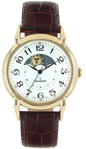 Peugeot Men's 14K Gold Plated Vintage Moon Phase Leather Dress Watch