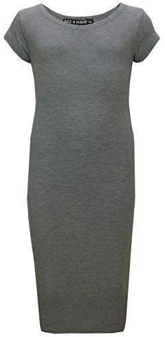 A2Z 4 Kids Girls Dresses Plain Short Sleeves Cap Slim Fit Stretch Bodycon Midi Maxi Comfortable Summer Party Fashion Dress Top Age 5-13 Years Grey