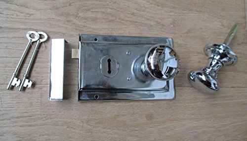 IRONMONGERY WORLD® Polished Chrome Traditional Old Vintage Style Rim Door Lock & Rim KNOB Set Handles (Victorian Mushroom Round Rim KNOB)