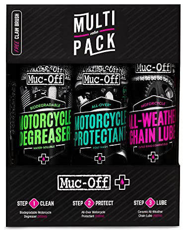 Muc-Off Motorcycle Multi-Pack - Kit Pulizia Moto per la Pulizia e la Cura della Moto - Include Sgrassatore Moto, Spray Protettivo Moto, Lubrificante per Catena e Spazzola per Catena