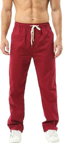 Hoerev Men Casual Beach Trousers Linen Trousers Pants DarkRed